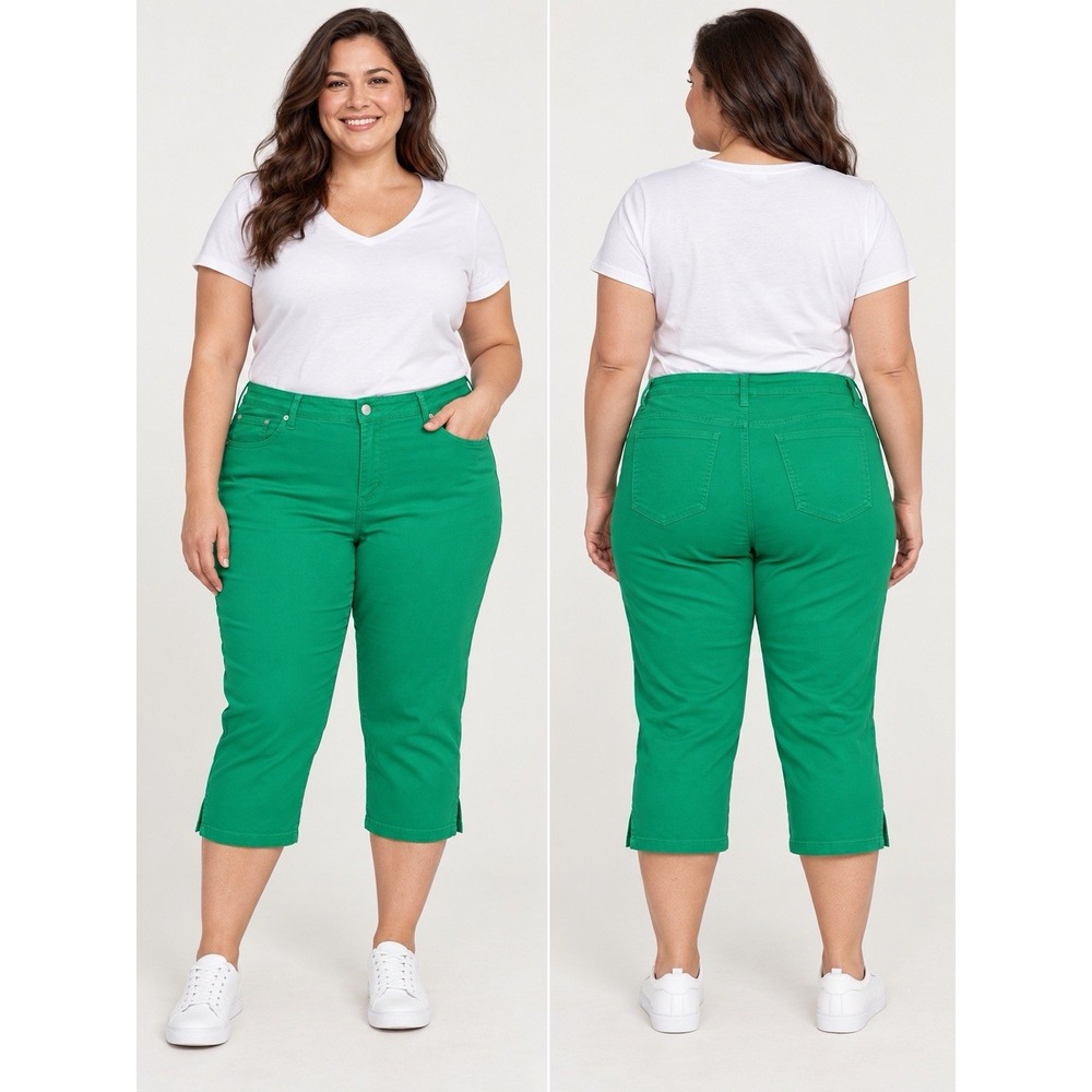 BLEU Women's 20W Green Capri Pants Stretch 5 Pocket Classic Bright
